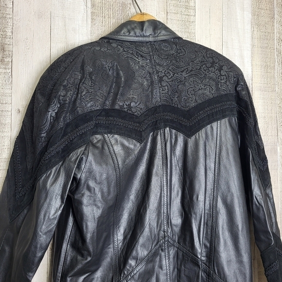 Winlet Long Leather Jacket. Black Paisley Size Small. - Picture 11 of 16
